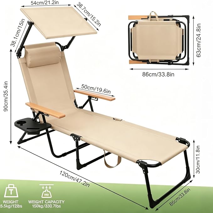 Folding Lounge Chair with Canopy, Tanning Chair with 4-Position Reclining Back, Folding Sun Lounger, Outdoor Lounge Chair for Beach, Poolside, Backyard, Camping, UPF 50+ Sun Shade, 300 LBS