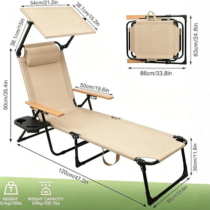 Folding Lounge Chair with Canopy, Tanning Chair with 4-Position Reclining Back, Folding Sun Lounger, Outdoor Lounge Chair for Beach, Poolside, Backyard, Camping, UPF 50+ Sun Shade, 300 LBS