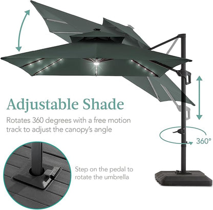 Best Choice Products 10x10ft Cantilever Patio Umbrella w/Base Included, Solar LED Lights 360 Rotation Large Offset Hanging Outdoor Shade for Deck Pool Backyard w/Stand – Slate