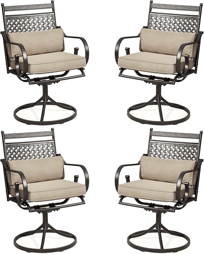 MELLCOM Patio Swivel Chair Set of 4, Heavy Duty Outdoor Dining Chairs with Cushions and Lumbar Pillows, Metal Patio Chairs Gentle Rocker for Outside, Garden Lawn & Porch, Backyard, Khaki