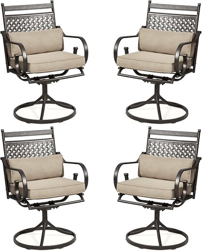 MELLCOM Patio Swivel Chair Set of 4, Heavy Duty Outdoor Dining Chairs with Cushions and Lumbar Pillows, Metal Patio Chairs Gentle Rocker for Outside, Garden Lawn & Porch, Backyard, Khaki