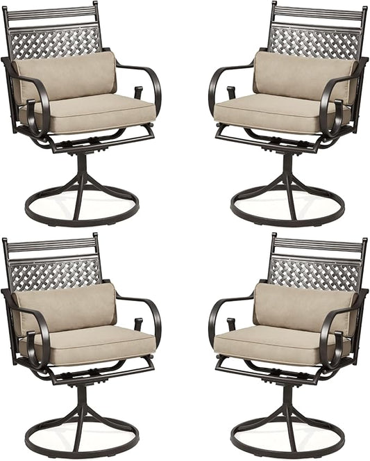 MELLCOM Patio Swivel Chair Set of 4, Heavy Duty Outdoor Dining Chairs with Cushions and Lumbar Pillows, Metal Patio Chairs Gentle Rocker for Outside, Garden Lawn & Porch, Backyard, Khaki