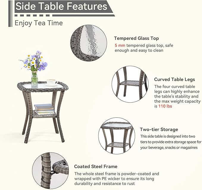 Outdoor Swivel Rocker Patio Chair with Matching Side Table - 360 Degree Patio Swivel Glider Chair with 3.5" Olefin Cushions(Mixed Grey/Blue)