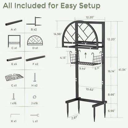Garden Hose Holder Heavy Duty Water Hose Holder with Storage Basket,Holds Up to 165FT Hose, Freestanding Outdoor Hose Hanger with 4 Spikes Sturdy Hose Stand, for Outside Yard Lawn Patio