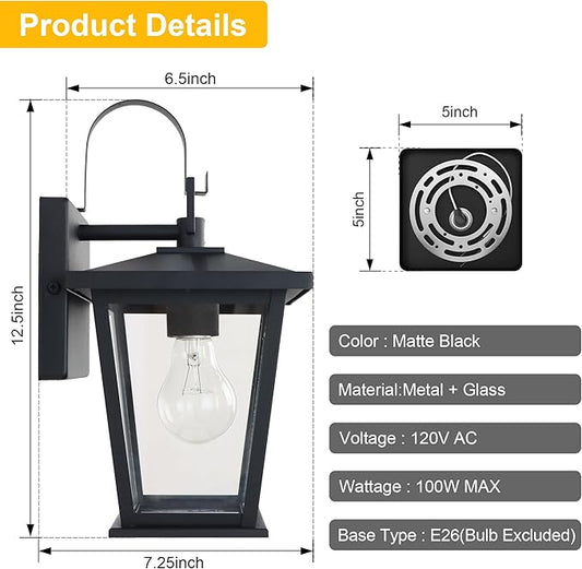 Kalium Outdoor Wall Lantern 2 Pack, Waterproof Exterior Wall Mount Light with Clear Glass in Black Finish, Porch Outside Lighting for Entryway, Backyard, Patio, E26 Base, Clear Glass 12.5 in