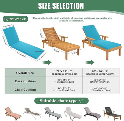 Chaise Lounge Cushions Outdoor Set of 4 - Waterproof and Fade Resistant Sun Lounger Replacement Cushions - Patio Lounger Pads with Removable Cover for Pool, Deck, Lawn, 72 x 21 x 3 Inch, Teal