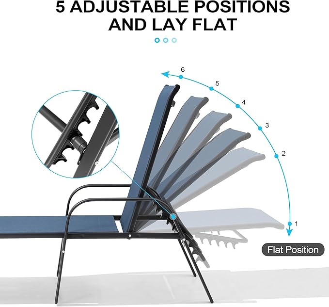 Crestlive Products Chaise Lounge Chair Outdoor with Armrests, Pool Lounge Chairs Set of 2,Adjustable 5 Positions Metal Sun Tanning Lounger for Patio, Poolside, Yard, Deck, Backyard (Navy)