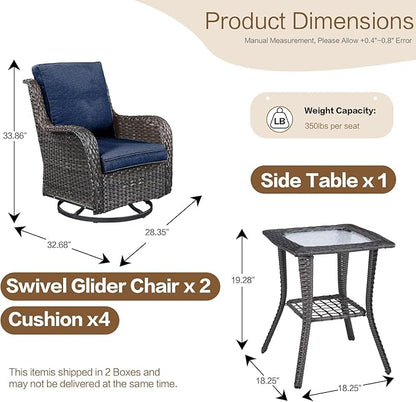 3 Pieces Patio Furniture Conversation Set PE Rattan Wicker Outdoor Swivel Glider Rocker Chairs of 2, Soft Thick Washable Cushion Side Coffee Table for Yard Backyard Poolside (Brown/Navy Blue)