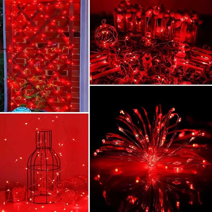 YEGUO 4 Pack Red Solar Fairy Lights, Each 33ft 100 LED Christmas Lights Outdoor Waterproof, 8 Modes Sliver Wire Solar String Lights