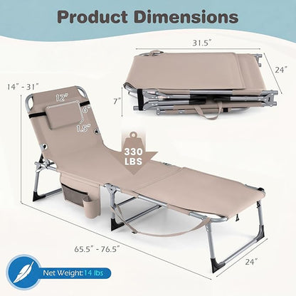 Giantex 2-Pack Tanning Chair with 5 Adjustable Position, Face & Arm Hole, Hand/Shoulder Strap, Removable Pillow, Side Pocket, 330 Lbs Capacity, Lounge Chair Outdoor for Beach Sunbathing, Beige