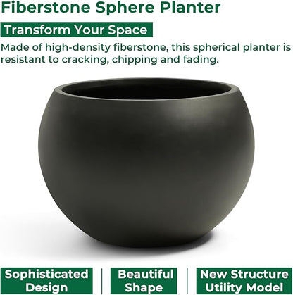 21.3" D Fiberstone Extra Large Planter, Black 16.6" Pot Opening x 14.8" H, Spherical Flower Pot with Drainage Hole, Weather Resistance Indoor Outdoor Planters
