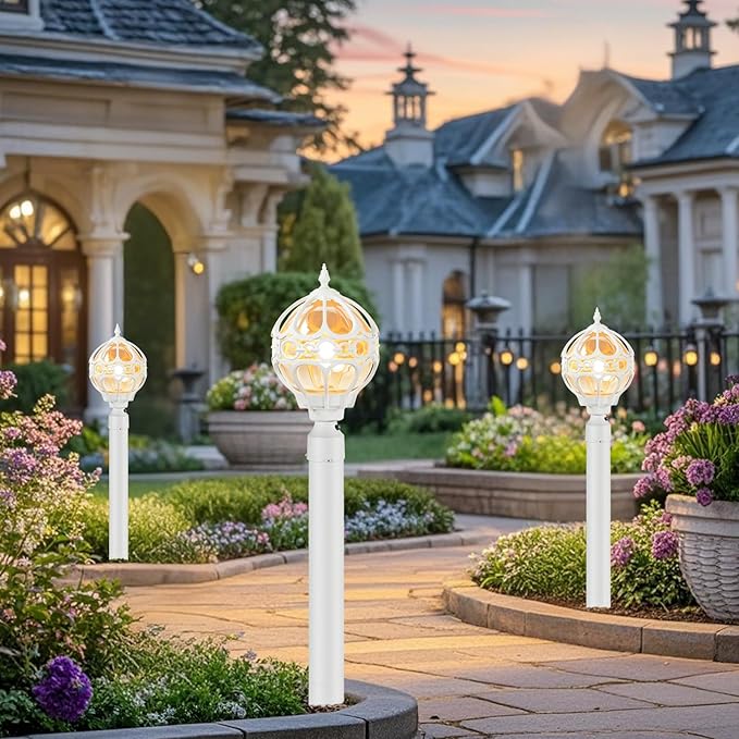 Dusk to Dawn Outdoor Post Light for Porch Yard Lawn Driveway, White Globe Aluminum Lamp Post Lights, Waterproof Outside Pier Mount Post Light Fixture, Sphere Rust-proof Exterior Pillar Light(2 Pack)
