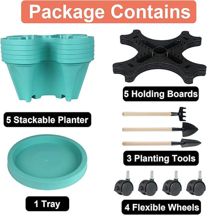 GameXcel Vertical Planter Tower - 5 Tier Stackable Garden Planters with Wheels and Tools Plant Pots for Strawberry Herb Flower and Vegetable Indoor Outdoor Use Teal