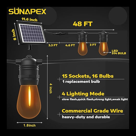 SUNAPEX Solar String Lights Outdoor Waterproof,48FT Solar Patio Lights with Shatterproof Edison Bulbs,Outdoor String Lights Solar Powered for Patio,Camping,Backyard