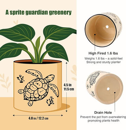 5 Inch Ceramic Plant Pots with Drainage Holes, Small Round Flower Pots for Indoor Plant, Unique Animal Flower Planters (Sea Turtle)