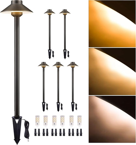 Gardenreet Low Voltage Landscape Lighting Brass, 2700K/3000K/4000K Adjustable 12v Pathway Lights Waterproof, Hard Wired Path Light Outdoor, Bronze for Exterior Area Patio with G4 Bulb (6 Pack)