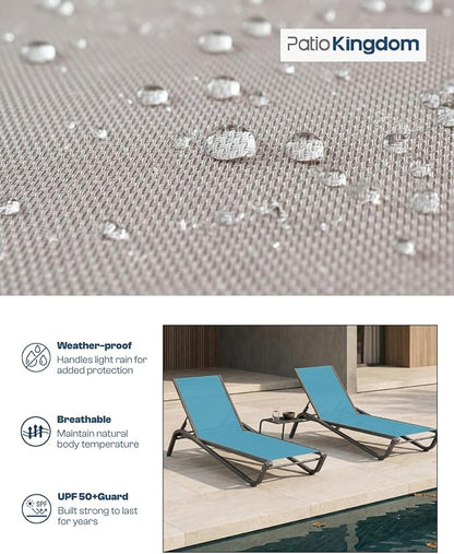 3-Piece Patio Chaise Lounge Set with Side Table, Set of 2 Adjustable Pool Chairs and Aluminum Bistro Table, All-Weather Outdoor Furniture for Pool Deck, Patio & Tanning, Sky Blue
