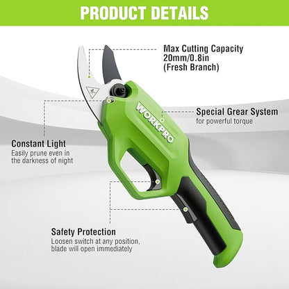 WORKPRO 7.2V Electric Pruning Shears, Battery Powered Pruning Shears, Cordless Tree Pruner, 0.8 Inch Cutting Diameter, Branch Cutter Gardening Scissors with Rechargeable Battery