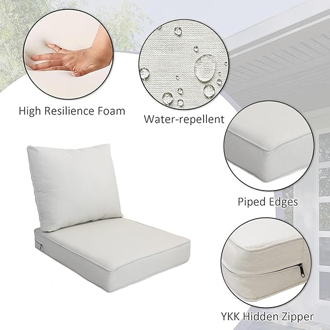 COZYVIDA Outdoor/Indoor 24x27.5 inch Deep Seat Patio Cushions Set of 2 Resilient Foam Filling Water Repellent Stain-Resistant UV Resistant Weather Resistant Patio Cushions Almond