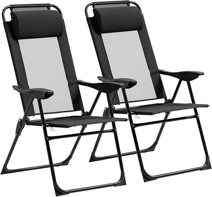 Outsunny Folding Patio Dining Chairs Set of 2, Outdoor Deck Chair with Adjustable Sling Back, Camping Chair with Removable Headrest for Garden, Backyard, Lawn, Black