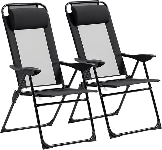 Outsunny Folding Patio Dining Chairs Set of 2, Outdoor Deck Chair with Adjustable Sling Back, Camping Chair with Removable Headrest for Garden, Backyard, Lawn, Black