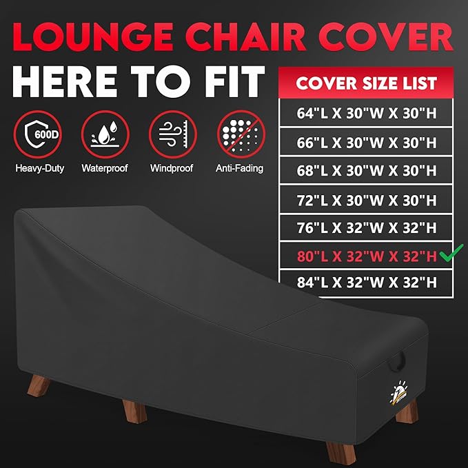 Zettum Outdoor Lounge Chair Cover - Waterproof Patio Chaise Lounge Chair Cover, 600D Heavy Duty Fade-Resistant Outdoor Seating Covers for Pool Lounge Chair, Lawn Bench Furniture 80 x 32 x 32 Inch