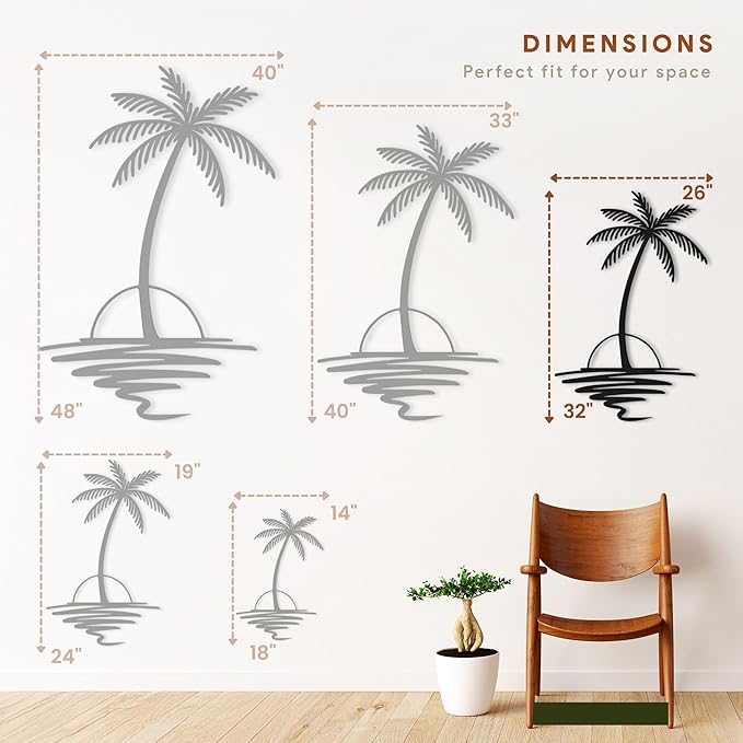 Metal Palm Tree with Sunset Wall Art, Large Outdoor Wall Decor, Tropical Beach Coastal Decor for Living Room, Bedroom, Garden Home Wall Sign, Perfect Metal Wall Art for Beach House, Coastal Theme, and Home Decoration (Gold, 32 x 26 inches)