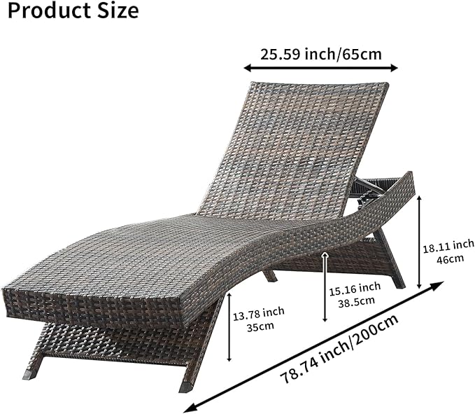 79'' Long Reclining Chaise Lounge Set (Set of 2), Outdoor Wicker Reclining Lounge Chair Patio Rattan Double Chaise Lounge Lawn Sunbathing Chairs Beach Pool Backrest Recliners (Set of 2)