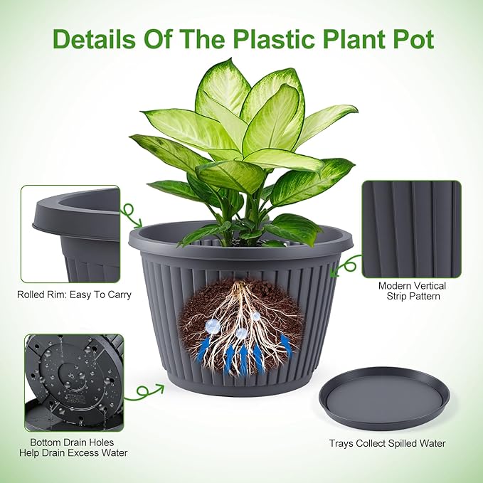 12-inch-Planters-for-Outdoor-Plant，Plastic Indoor Flower Pots with Drainage Holes & Saucer, 4 Packs Decorative Garden Pots for Plantfor Home Porch Decor