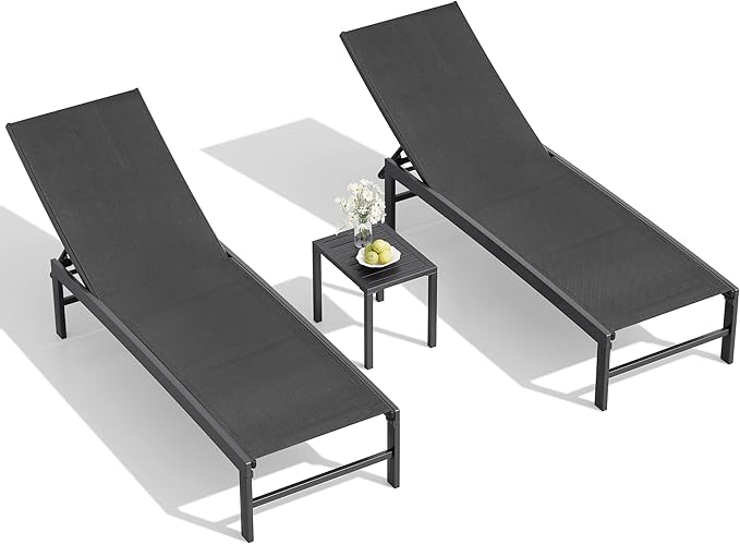 Crestlive Products 2PCS Chaise Lounge Chair Outdoor with 1PC Side Table, Adjustable 5 Positions Pool Tanning Recliner, Outdoor Lounge Furniture Perfect for Patio, Beach, Yard, Pool