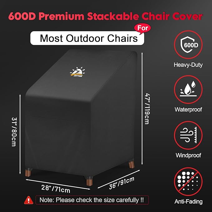 Zettum Stackable Patio Chair Cover - 600D Outdoor Chair Cover Waterproof & Heavy Duty, Lawn Furniture Stacking Seat Cover for 4 - 6 Outdoor Stackable Dining Chairs - 28 x 36 x 47 Inch