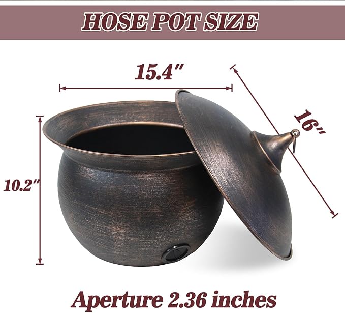 Metal Garden Hose Storage Pot, Vintage Copper Finish Hose Holder with Lid, Heavy-Duty Outdoor Water Hose Container for Patio/Yard/Lawn Decor