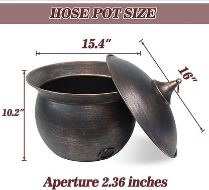 Metal Garden Hose Storage Pot, Vintage Copper Finish Hose Holder with Lid, Heavy-Duty Outdoor Water Hose Container for Patio/Yard/Lawn Decor