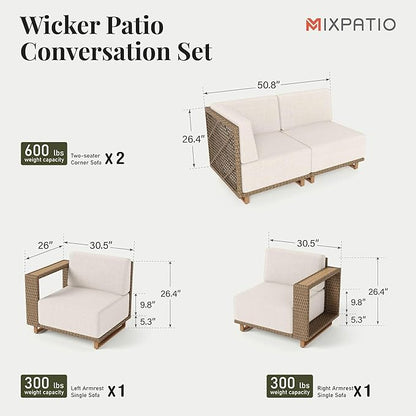 Outdoor Patio Furniture Set, 6 Piece Patio Couch Rattan Wicker Sofa, Sectional Modular Outdoor Conversation Set with 10" Extra Thick Cushions for Deck Backyard Lawn