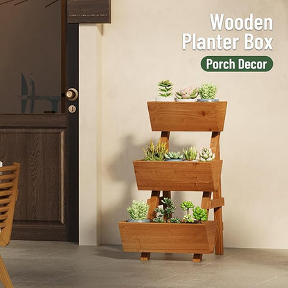 Vertical Wooden Raised Garden Bed, Garden Planters Freestanding Wood Plant Stand Flower Rack Wooden Planter Box for Plants Herbs Flowers Vegetables Outdoor Indoor Gardening (3-Tier Small Brown)