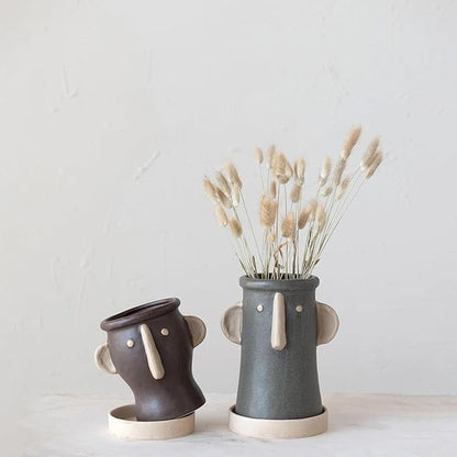 Creative Co-Op Stoneware Face Planter with Saucer, Set of 2, Matte Black and Cream, 9"