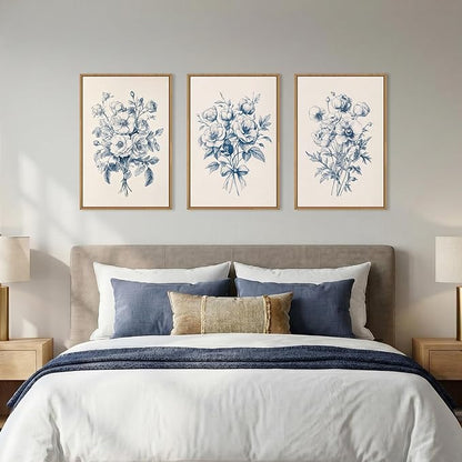KAIRNE Navy Blue Floral Framed Canvas Wall Art Set,Vintage Botanical Flower Wall Decor,Modern Minimalist Bouquet Art Prints,Neutral Rose Artwork for Living Room,Bedroom,Farmhouse,Office-16 x24 x3