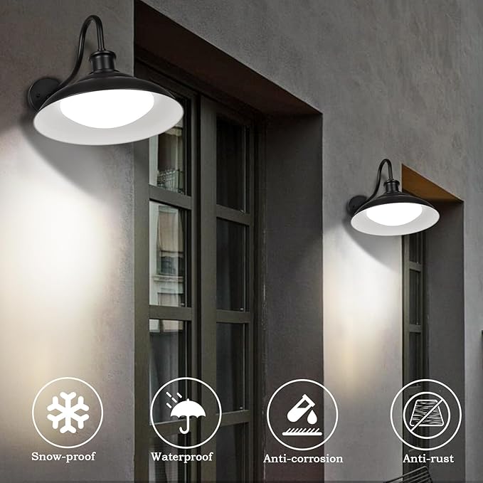 Outdoor LED Barn Light, 16 Inch Dome Large Farmhouse Exterior Wall Light Fixture with Adjustable Color Temperature, Modern Black White Wall Sconce Outside for House Garage Doorway, 1 Pack