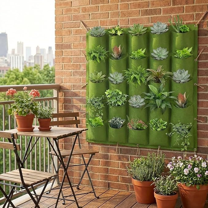 WFIST Vertical Hanging Planter Bag, Breathable Felt Wall Garden Planter with Metal Grommets, Indoor/Outdoor Space-Saving Herb & Flower Growing Pouch (25-Pocket)