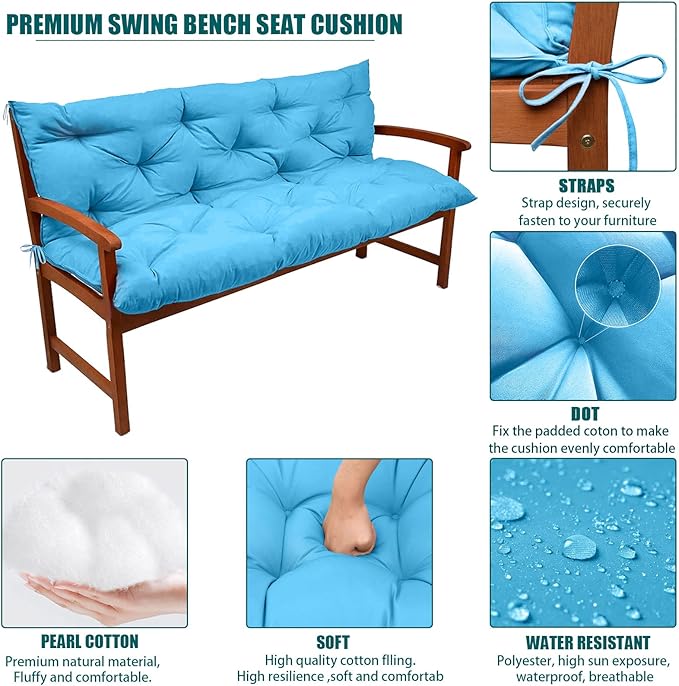 Swing Replacement Seat Cushions, 2-3 Seater Bench Cushions for Outdoor Furnitur with Backrest, Garden Recliner Seat Cushions Waterproof Sofa Pads (Sky Blue, 71x40in)