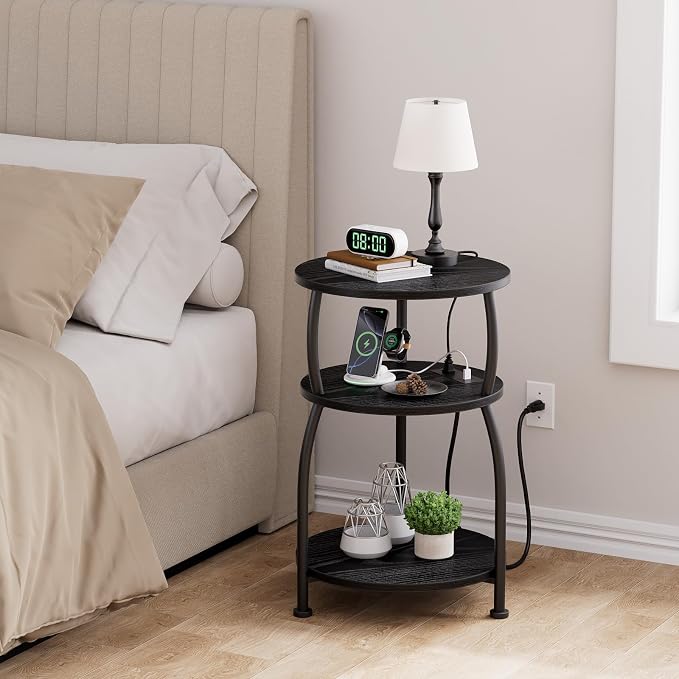 Round Side Table with Power Outlet & USB Ports, 3-Tier End Table with Storage Shelf, 15.7" Wide Nightstand for Small Spaces, Tall Bedside Table Capable of Charging Laptops & Phones, Black