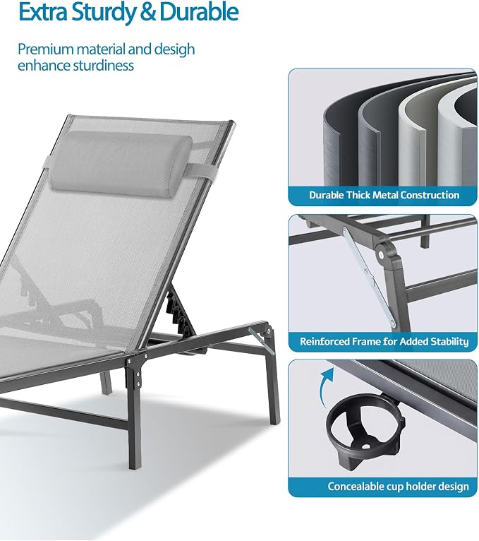 2 Pack Foldable Chaise Lounge Chair with Cup Holder, Assemble-Free Outdoor Lounge Chair with Detachable Pillow and 6 Adjustable Backrest, Patio Lounge Chair for Outside Poolside Beach Pool, Grey