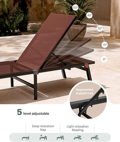 Patio Lounge Chair, Aluminum Foldable 5-Position, 1 Pack,Brown | Lightweight rustproof aluminum. Breathable quick-dry fabric. Full flat recline for sunbathing. Poolside, deck, beach, lawn.