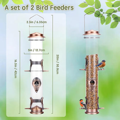 Metal Bird Feeder Tube Hanging Wild Bird Seed Feeder Aluminum Six Port Bird Feeders,1.4 mm Extra Thick Solid Tube Transparent with Steel Hanger Great for Attracting Birds (Antique Copper 2PK)