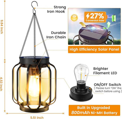 Solar Lanterns Outdoor Waterproof 4 Pack, 14.37'' Metal Hanging Solar Lights for Outside with Auto On/Off & Hook - Brighter Hanging Outdoor Lanterns Decorative Lighting for Garden Patio Yard