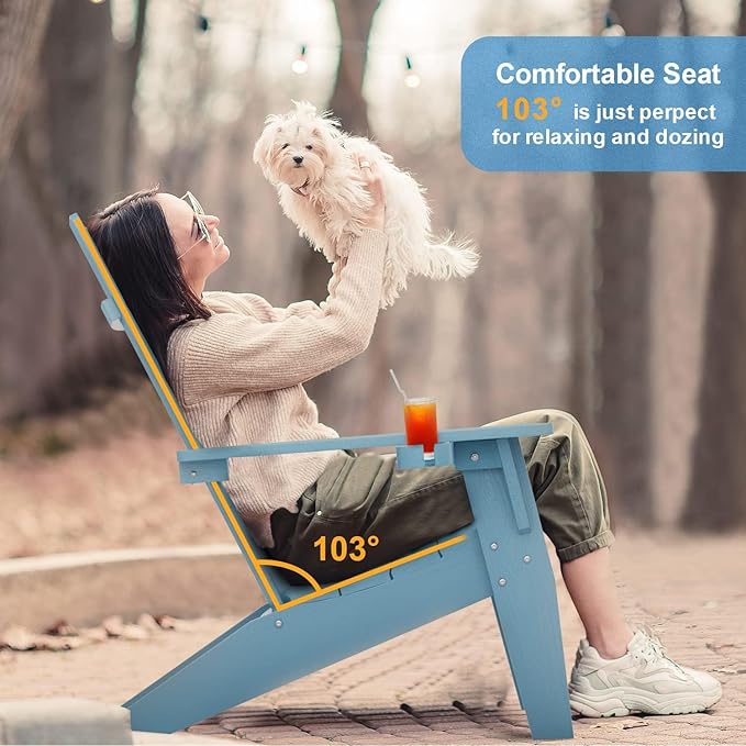 MXIMU Modern Adirondack Chairs Set of 2 Weather Resistant with Cup Holder Oversize Plastic Fire Pit Chairs Adorondic Plastic Outdoor Chairs for Firepit Area Seating (Blue)