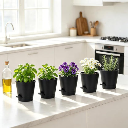 5 Pack 5 Inch African Violet Pots Self Watering, Self-Watering Planters with Drainage Holes & Reservoir, Black Plastic Pots for Indoor Outdoor Plants, Succulents & Flowers