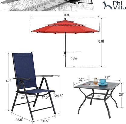 PHI VILLA 5 Pcs Outdoor Dining Set with Umbrella, Patio Dining Set with Metal Outdoor Table and Adjustable Patio Folding Chairs Blue for Yard, Lawn and Garden