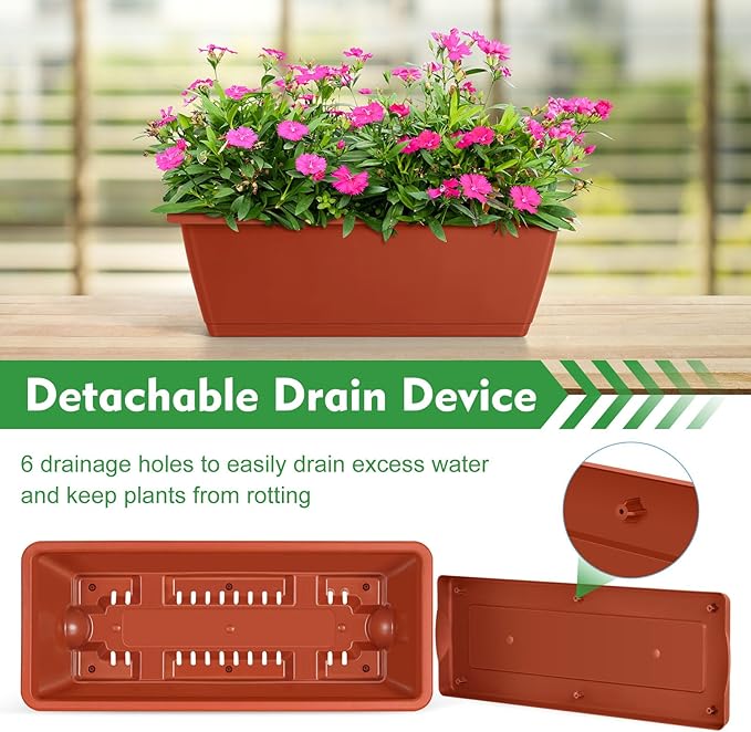 ETELI Railing Planter Box 6 Pack Balcony Planters Railing Hanging with Metal Brackets Window Boxes Deck Rail Planter for Outdoor Indoor Porch Garden Patio, Red & Black