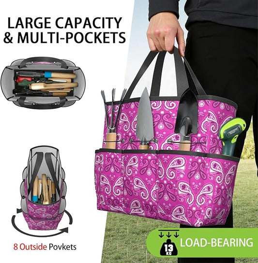 Paisley Garden Tool Bag - Waterproof Garden Tote with 8 Pockets, Large Storage Home Organizer Gardening Tool Oxford Bag for Garden Tools Kits Holder, Ideal Outdoor Gardening Gift for Women & Men